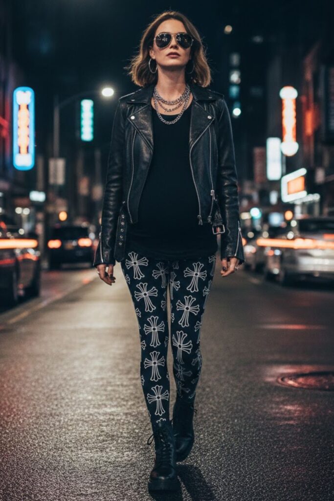 2. Chrome Heart Leggings with Leather Biker Jacket