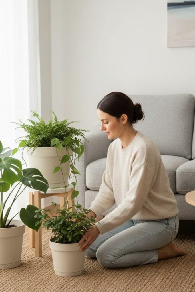 2. Cluster of Plants Beside the Sofa