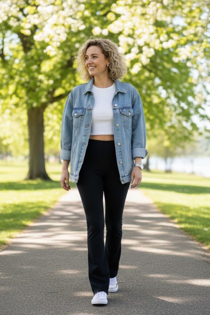 2. Flare Leggings with Crop Top and Denim Jacket