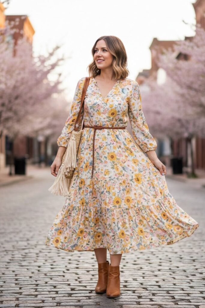 2. Floral midi dress with ankle boots