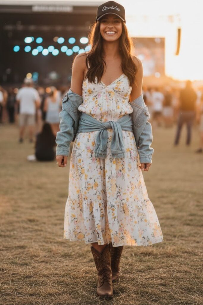 2. Flowy Floral Dress with a Structured Trucker Hat