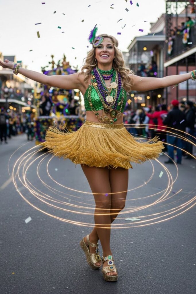 2. Gold Fringe Skirt with Green Crop Top and Statement Beads