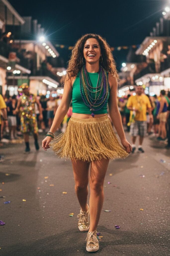 2. Gold Fringe Skirt with Green Crop Top and Statement Beads
