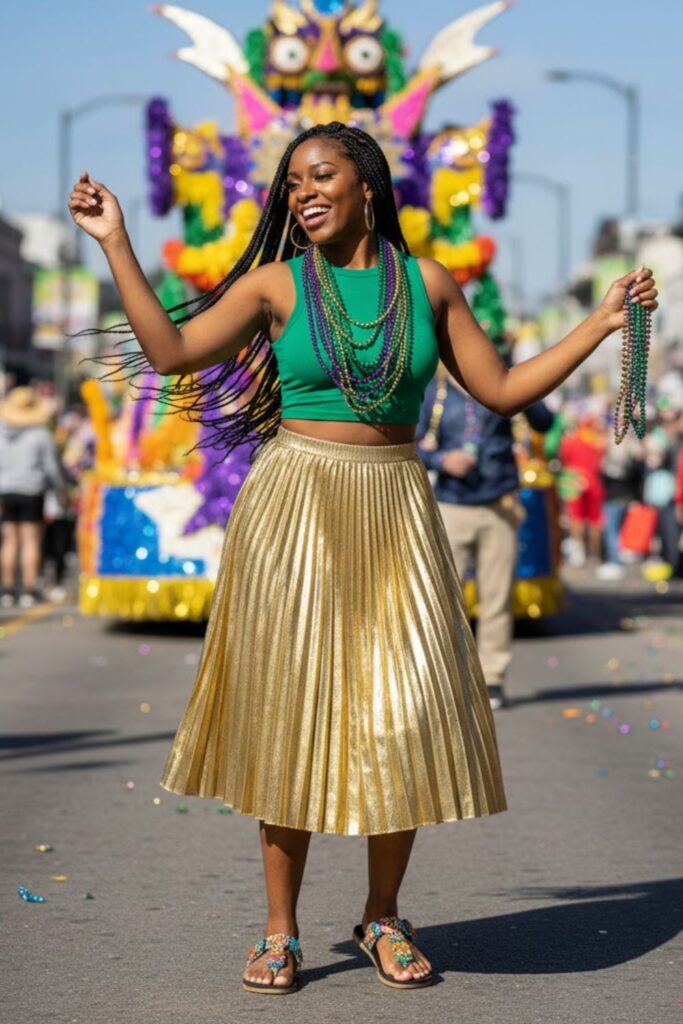 2. Gold Metallic Skirt with Green Crop Top and Beaded Accessories