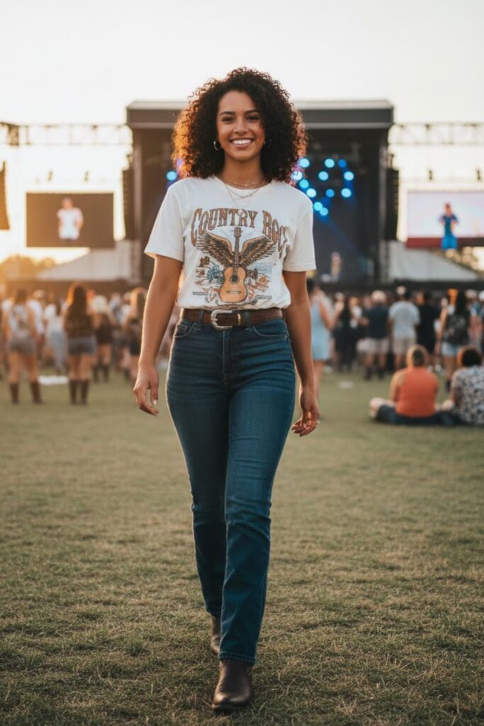 2. Graphic Tee with High-Rise Jeans and Belt