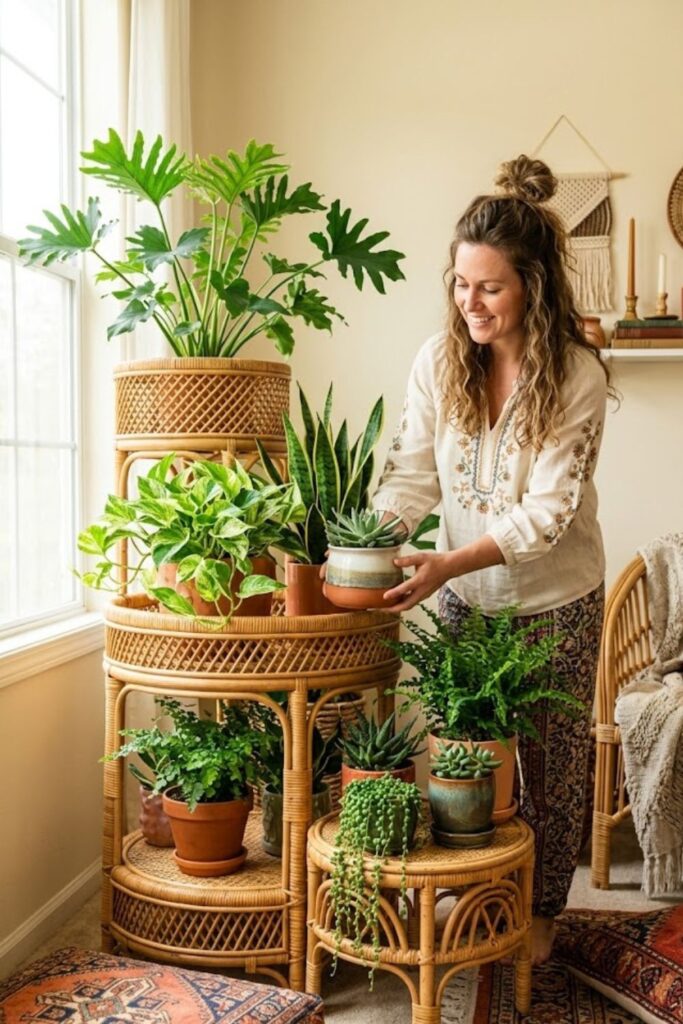 2. Layered Rattan Plant Stands in the Living Room