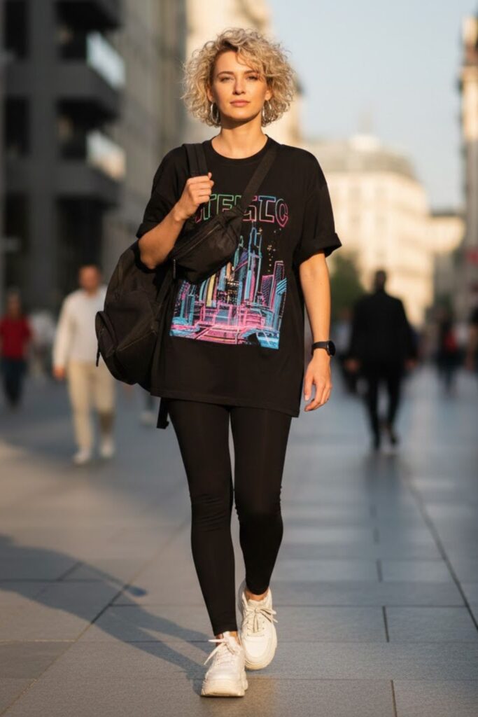 2. Leggings with Oversized Graphic T‑Shirt and Chunky Sneakers
