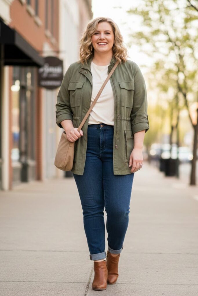 2. Lightweight Utility Jacket with Slim Jeans and Ankle Boots