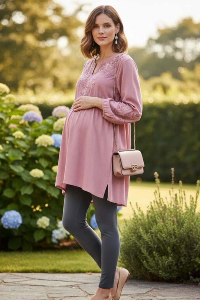 2. Maternity Leggings with Tunic Top and Ballet Flats