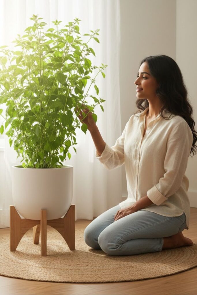 2. Minimalist White Pot with Wooden Stand