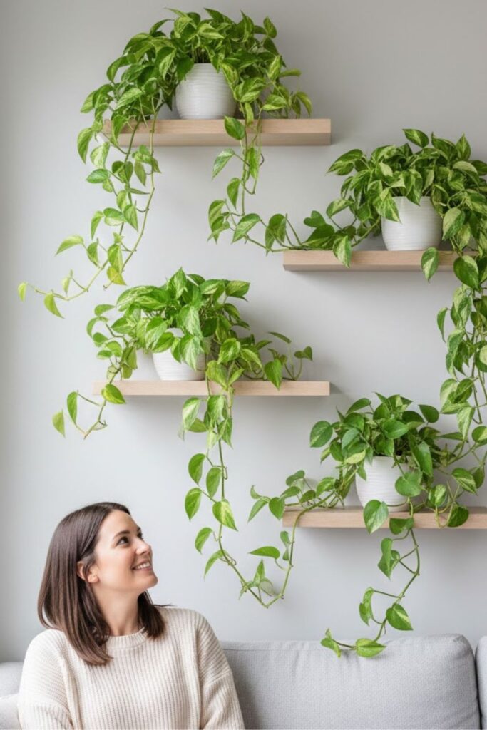 2. Pothos on Floating Wall Shelves