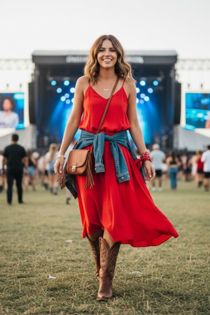 2. Red Flowy Dress with Denim Jacket