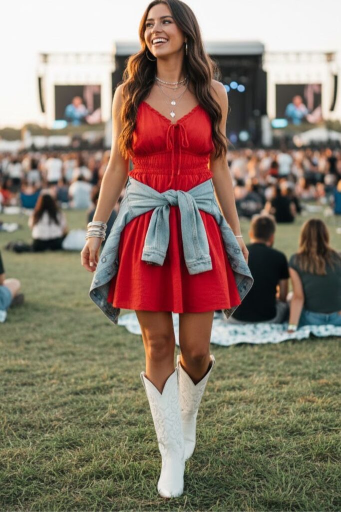 2. Red Sundress with White Cowboy Boots