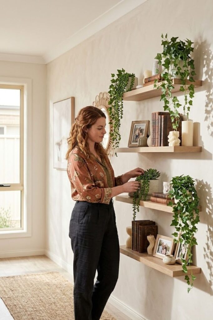 2. Style Artificial Plants on Floating Shelves
