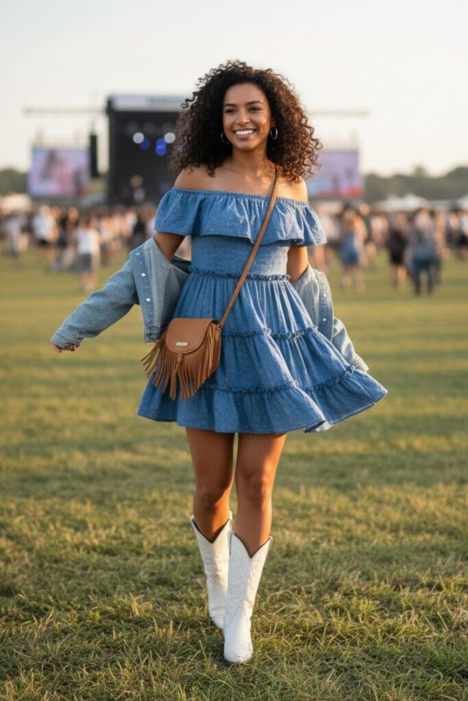 3. Blue Ruffled Mini Dress with White Cowboy Boots