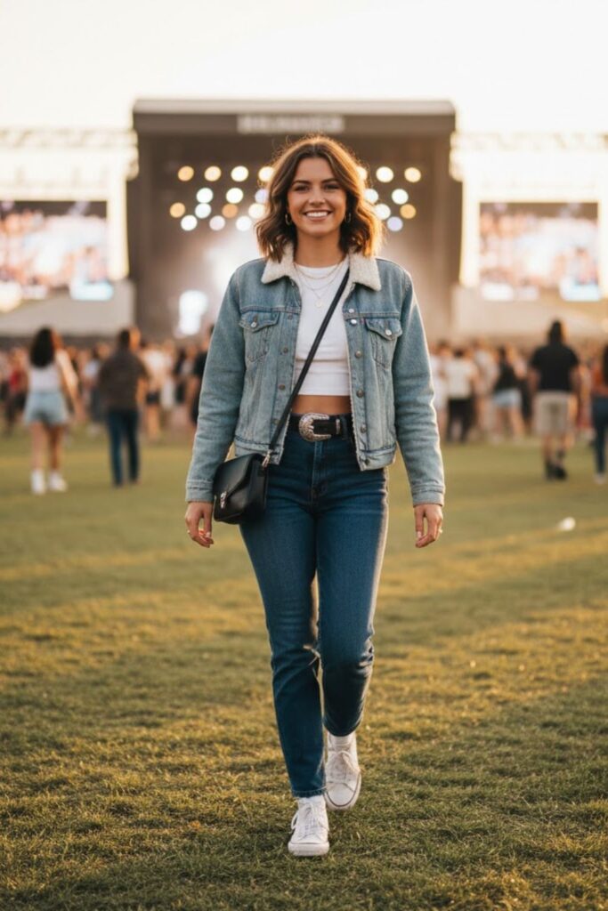 3. Crop Top with High-Waist Jeans and Sneakers