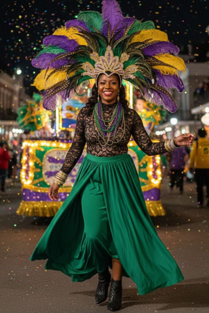 3. Feathered Headpiece with Lace Bodysuit and High‑Waisted Skirt