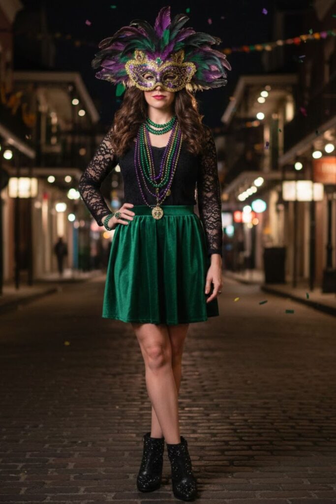 3. Feathered Mask with Lace Top and High‑Waisted Skirt
