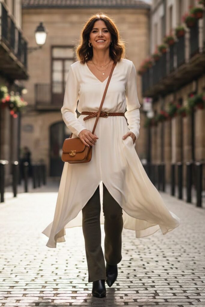 3. Flare Leggings with Midi Dress Layering