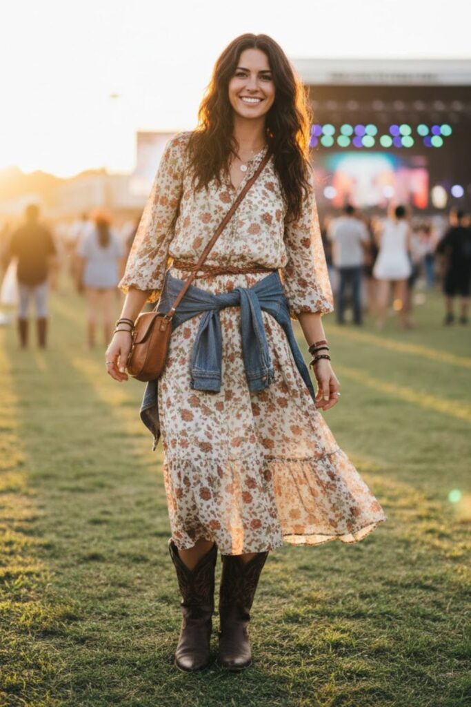 3. Flowy boho dress with western boots