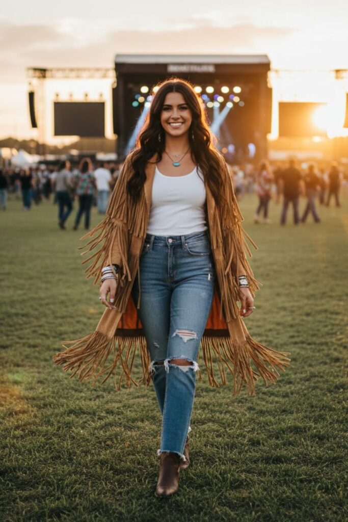 3. Fringe jacket with distressed jeans
