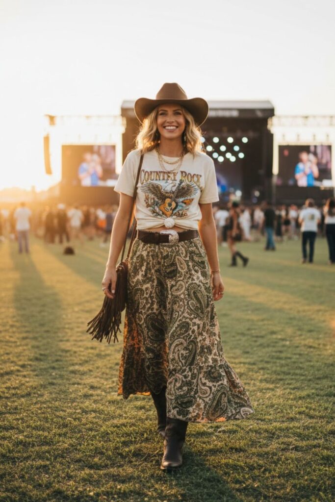 3. Graphic Tee with Maxi Skirt and Western Accessories
