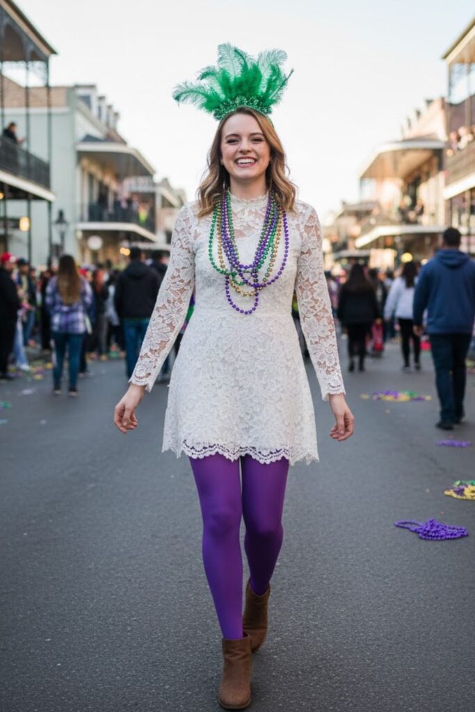 3. Green Feathered Headband with White Lace Dress and Colorful Tights