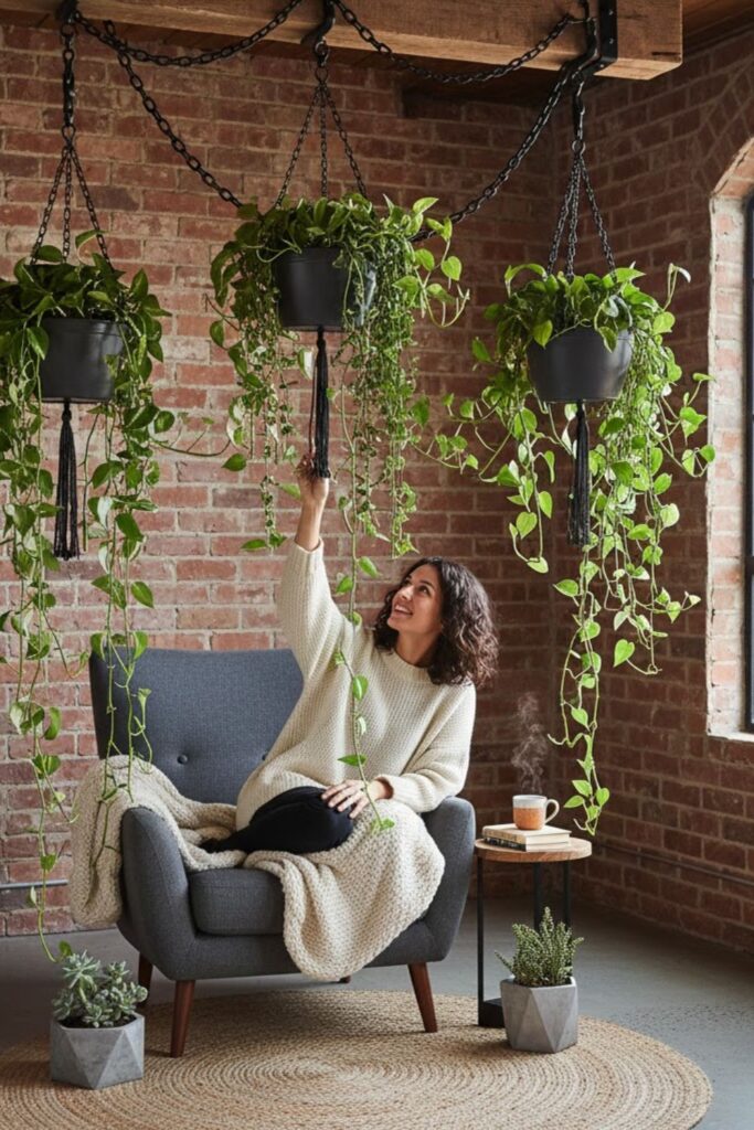 3. Hanging Industrial Pots from Exposed Beams