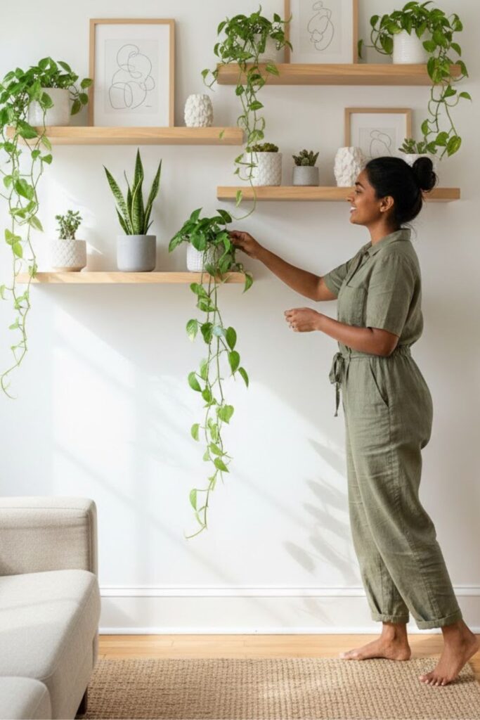 3. Install Floating Shelves for Layered Greenery