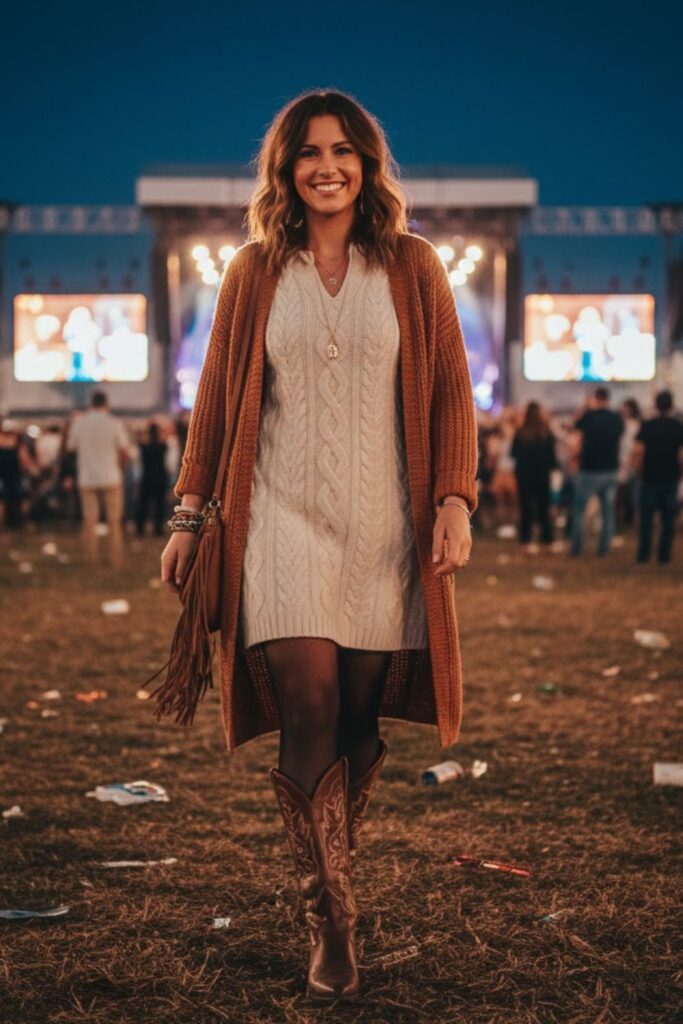 3. Knit Dress with Tights and Cowboy Boots