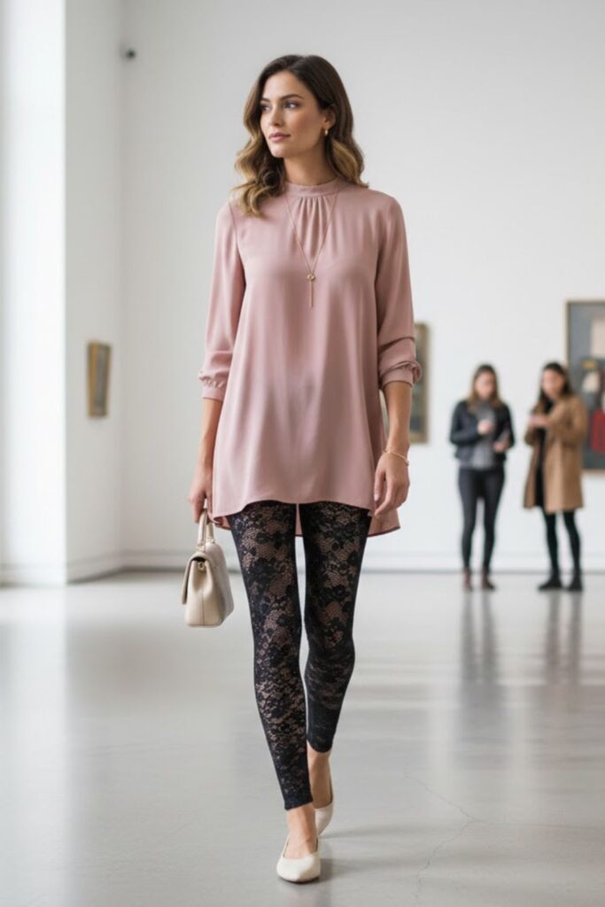 3. Lace Leggings with Tunic Blouse and Flats