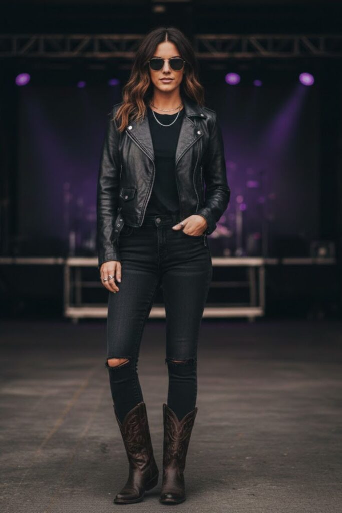 3. Leather Jacket with Faded Skinny Jeans
