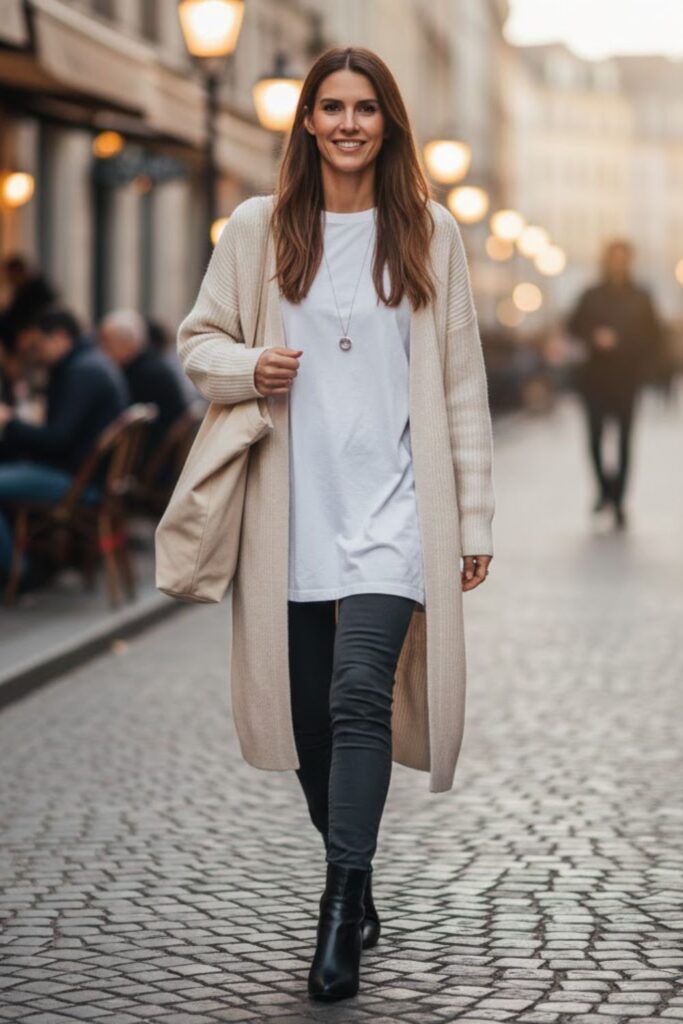 3. Leggings with Longline Cardigan and Oversized T‑Shirt