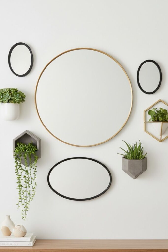 3. Mirror Gallery Wall with Mini Plant Accents