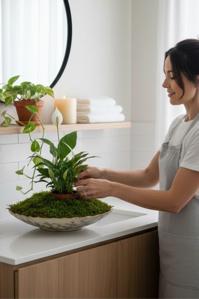 3. Moss-Covered Planter on a Floating Shelf