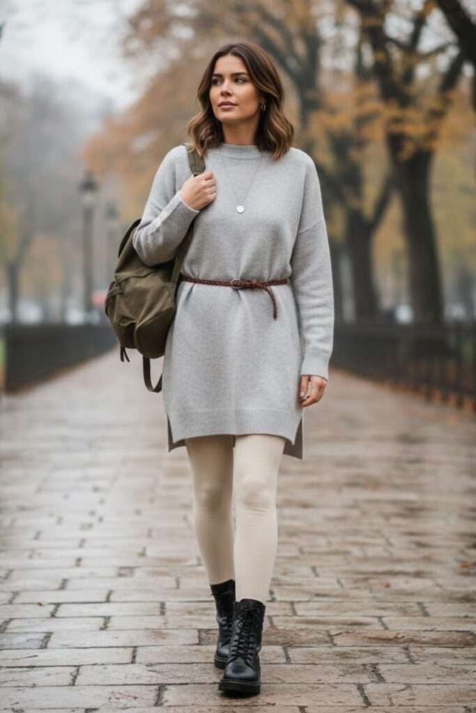 3. Neutral Leggings with Tunic and Combat Boots