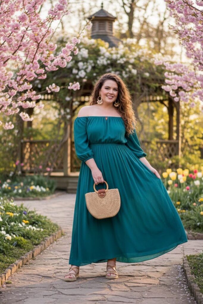 3. Off‑Shoulder Maxi Dress with Statement Earrings