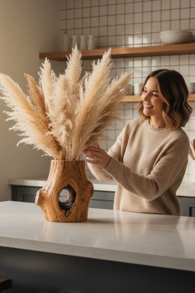 3. Rustic Wooden Vase with Dried Pampas