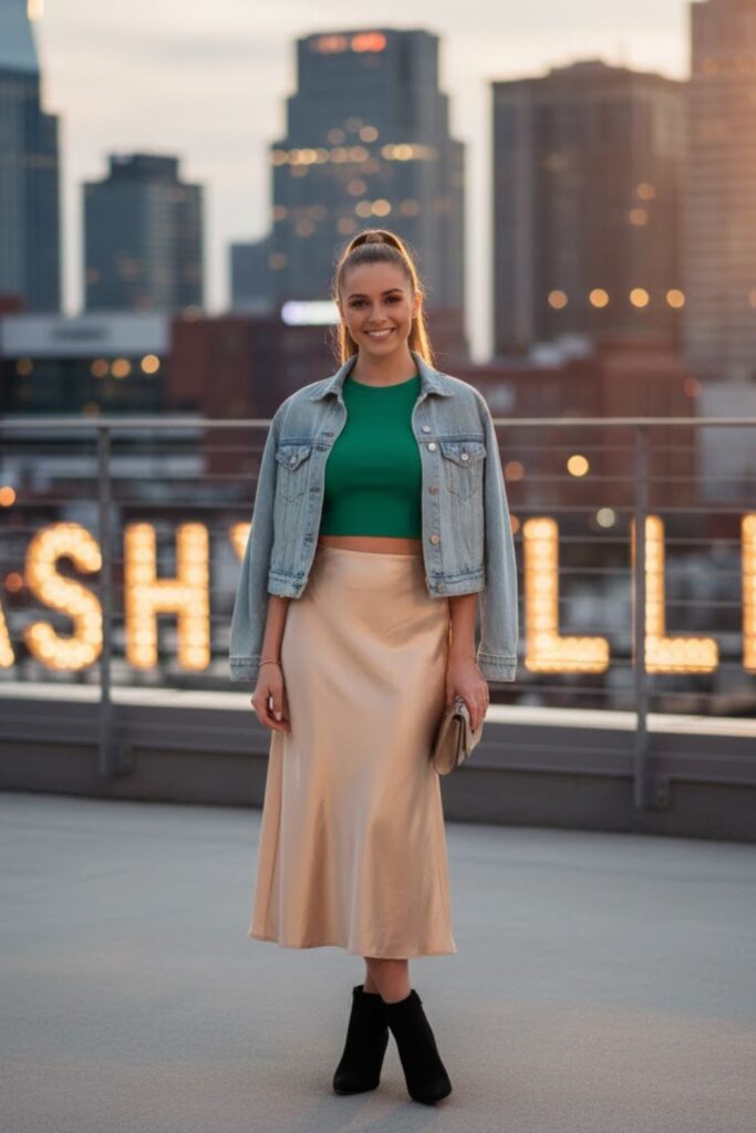 3. Satin skirt, cropped top, and denim jacket