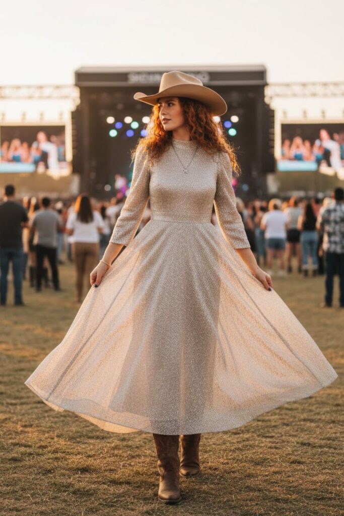 3. Shimmer Maxi Dress with Cowboy Hat