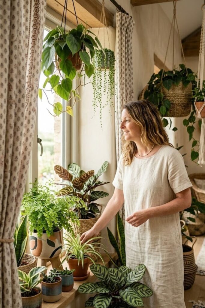4. Bohemian Window Garden with Mixed Greenery