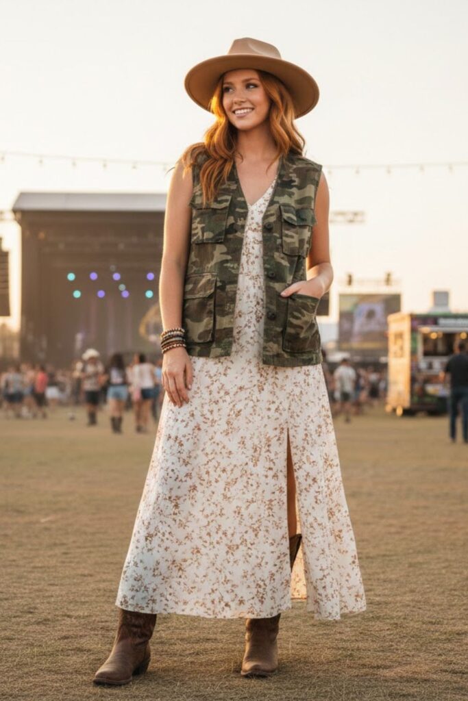 4. Camo Vest Over a Maxi Dress