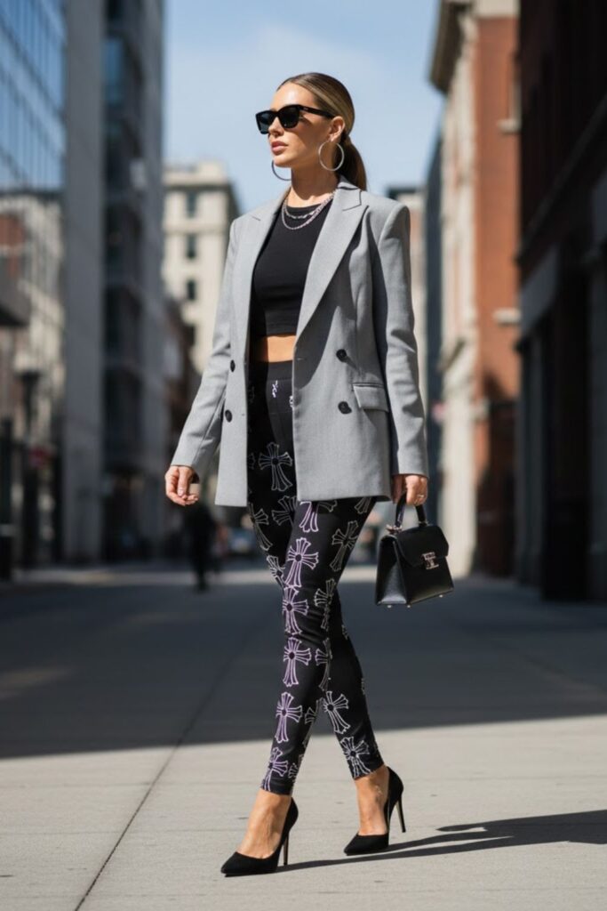 4. Chrome Heart Leggings with Crop Top and Blazer