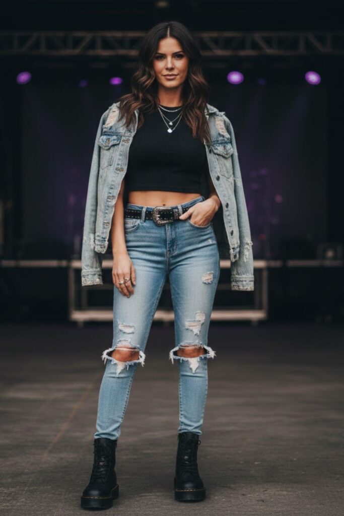 4. Crop Top with High-Waisted Ripped Denim