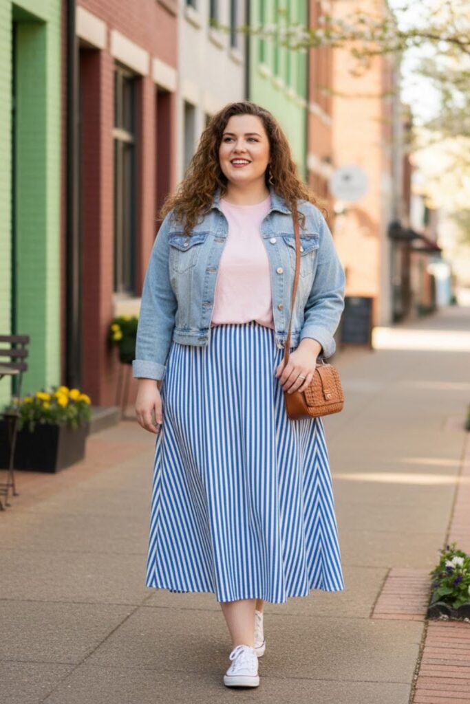 4. Cropped Denim Jacket over a Midi Skirt and Tee