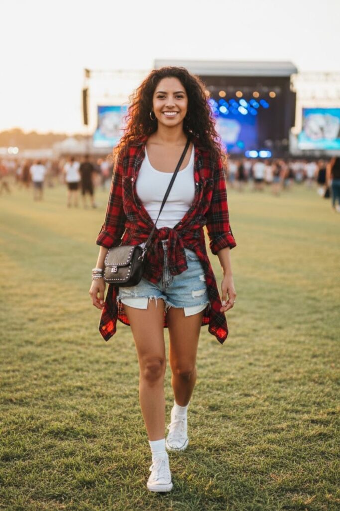 4. Flannel Shirt with Tank and Denim Shorts