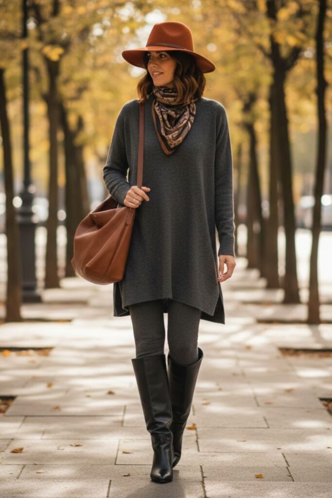 4. Flare Leggings with Tunic and Knee-High Boots