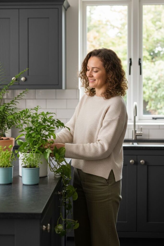 4. Greenery to Soften Dark Surfaces