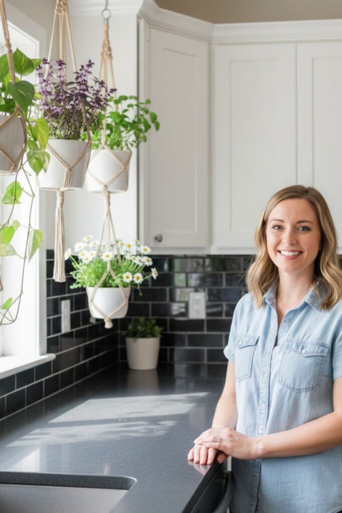 4. Hanging Flower Planters Near the Counter