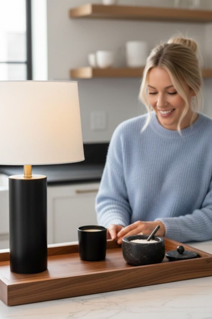 4. Kitchen Counter Lamps Decor With a Decorative Tray Setup
